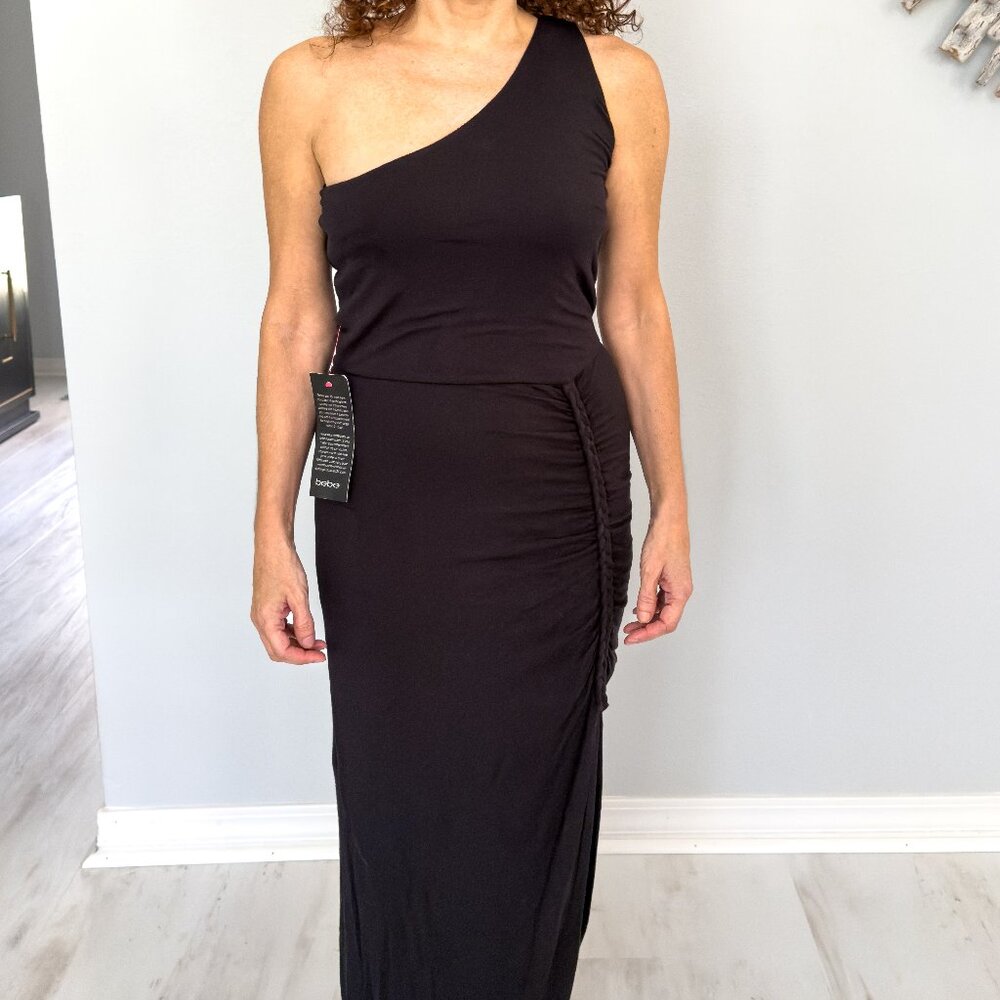 Bebe One-Shoulder Black Maxi Dress – NWT – Ruched Side – Rare – Size S